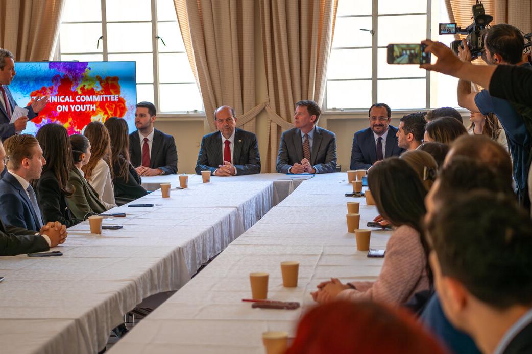 The top United Nations official in Cyprus, Colin Stewart, hosts the Greek Cypriot leader, Nikos Christodoulides and the Turkish Cypriot leader, Ersin Tatar, at a meeting convened at the leaders’ initiative at Ledra Palace Hotel