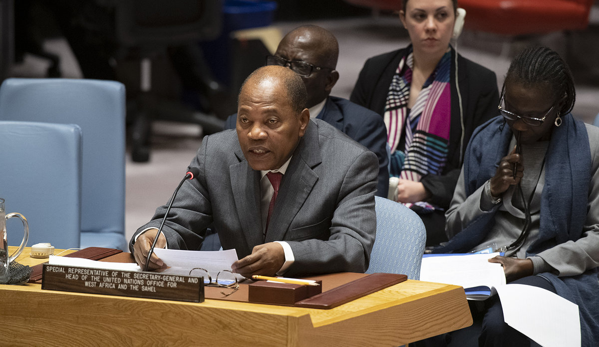 Mohamed Ibn Chambas, Représentant spécial du Secrétaire général et Chef du Bureau des Nations Unies pour l'Afrique de l'Ouest et le Sahel, fait son briefing au Conseil de Sécurité sur la consolidation de la paix en Afrique de l'Ouest et au Sahel. New York - 8 janvier 2020.
