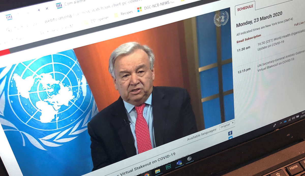 UN News/Daniel Dickinson The UN Secretary-General António Guterres appeals for a global ceasefire in a virtual press conference broadcast on UN Web TV.